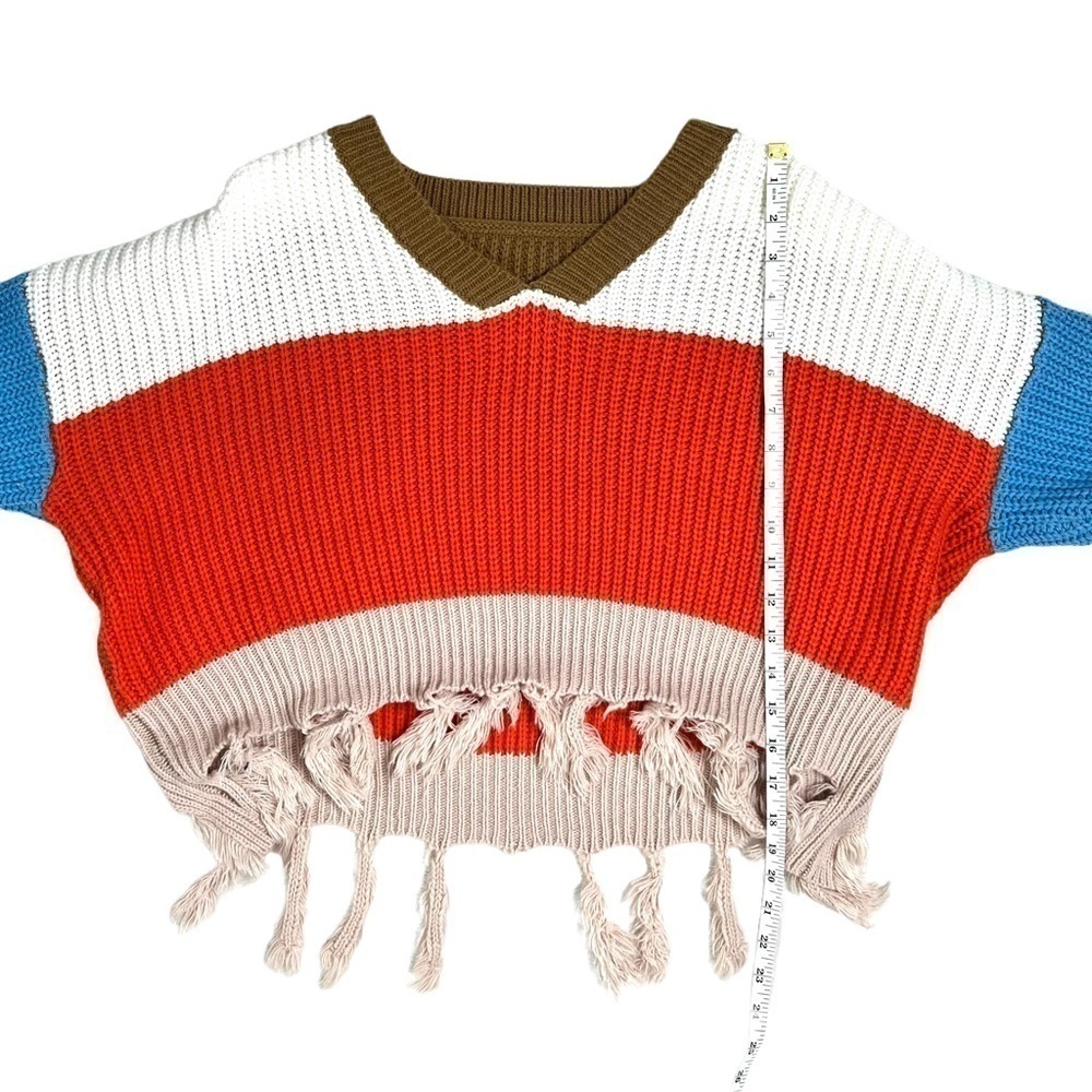 Shein V-Neck Colorblock Blue Orange Drop Shoulder Fringe Hem Sweater Size Medium - Picture 14 of 16